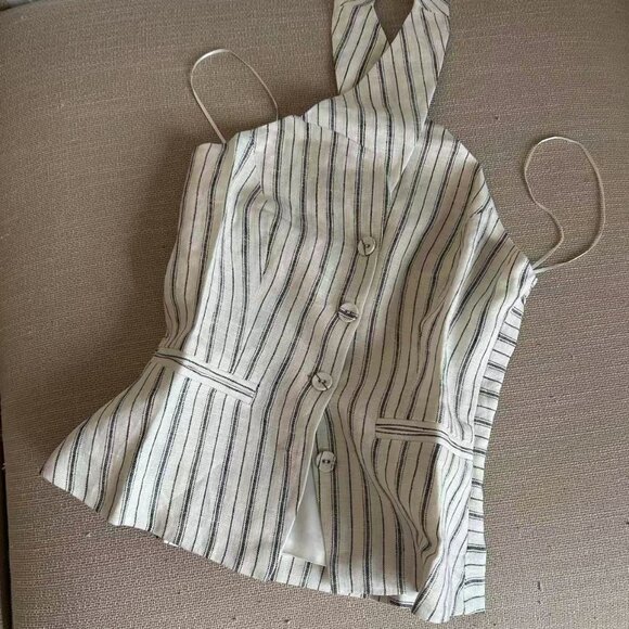 BEST Reformation Tate Linen Top Sz2 Elsie Stripe Black Cream Halter Casual - Picture 5 of 10
